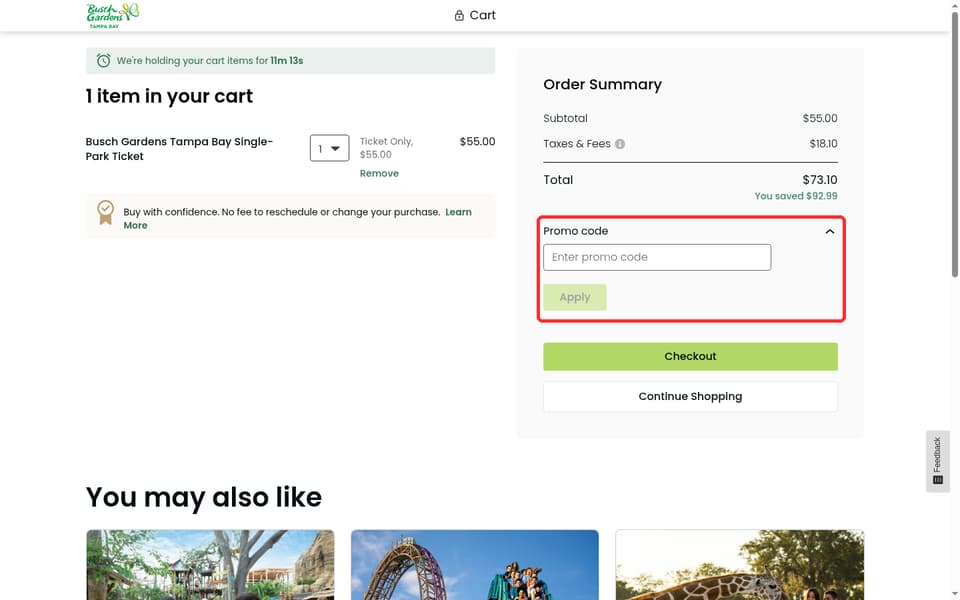 Busch Gardens checkout page showing the Enter promo code field and Apply button