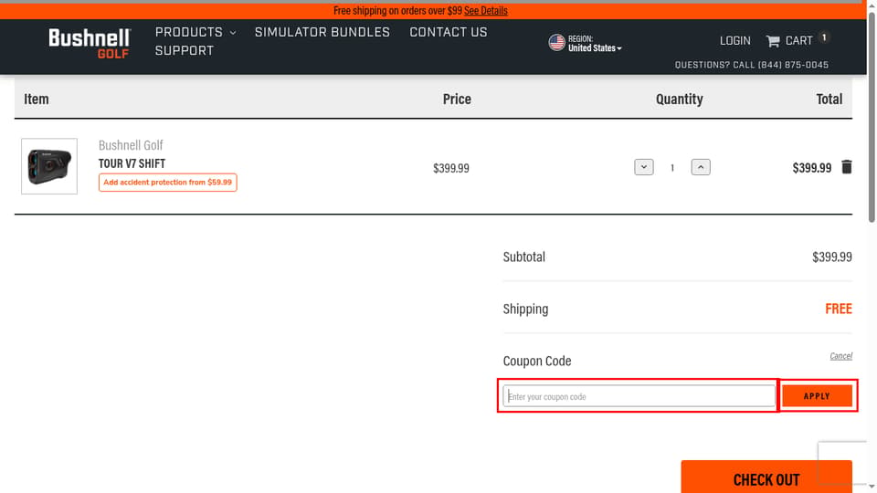 Bushnell Golf checkout page showing the Enter your coupon code field and Apply button