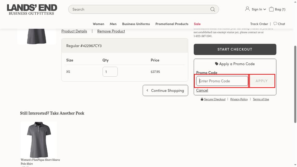 Lands' End Business checkout page showing the Enter Promo Code field and APPLY button