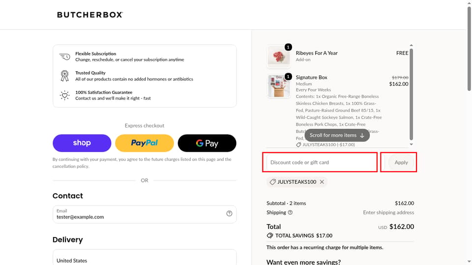 ButcherBox checkout page showing the Discount code or gift card field and Apply button