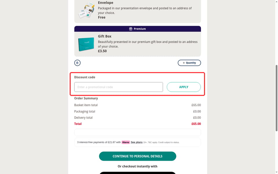 Buyagift checkout page showing the Enter a promotional code field and Apply button