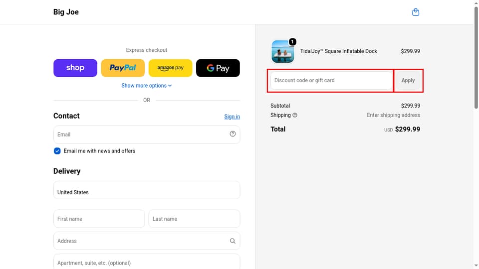 Big Joe checkout page showing the Discount code or gift card field and Apply button
