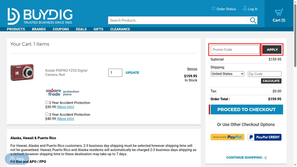 BuyDig checkout page showing the Promo Code field and APPLY button