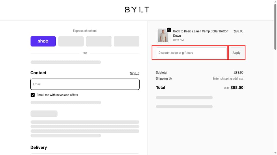 BYLT Basics checkout page showing the Discount code or gift card field and Apply button