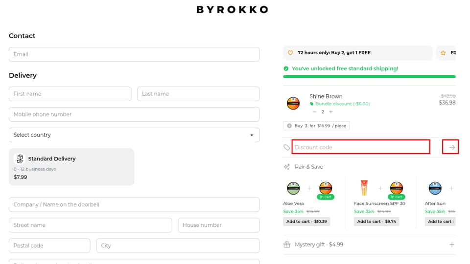 BYROKKO checkout page showing the Discount code field and Apply button