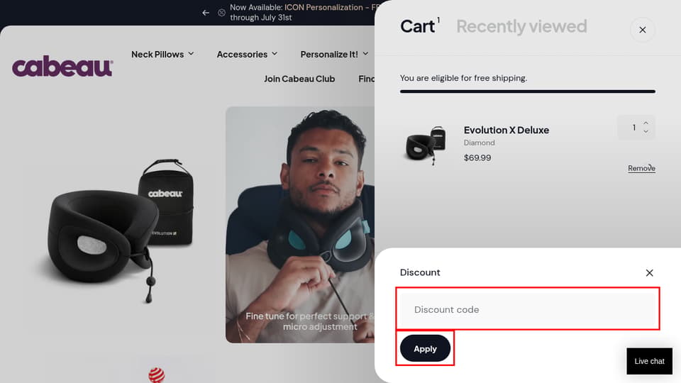 Cabeau checkout page showing the Discount code field and Apply button