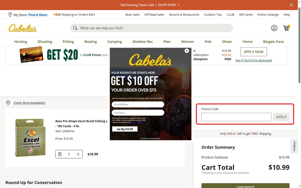 Cabela's checkout page showing the Promo Code field and APPLY button