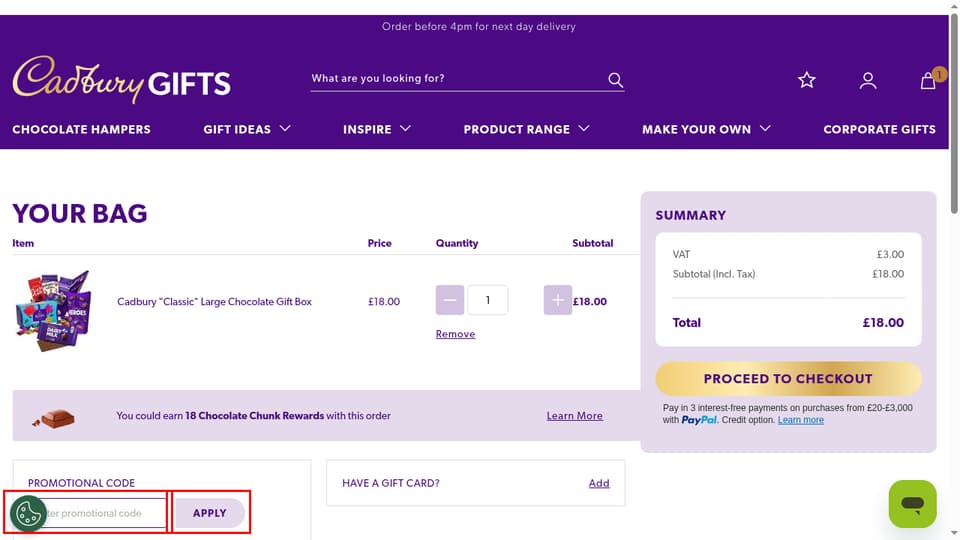 Cadbury Gifts Direct checkout page showing the Enter promotional code field and Apply button