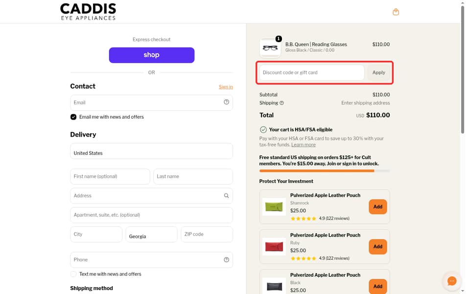 Caddis Eyewear checkout page showing the Discount code or gift card field and Apply button