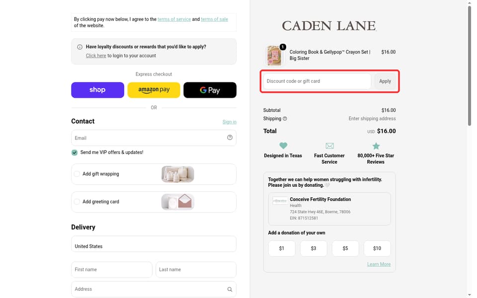 Caden Lane checkout page showing the Discount code or gift card field and Apply button