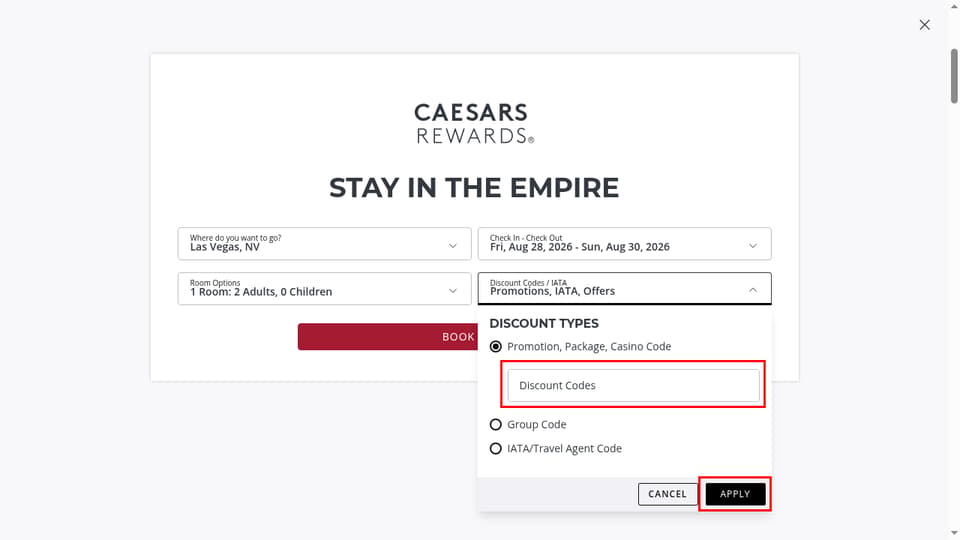 Caesars Entertainment checkout page showing the Discount Codes field and APPLY button