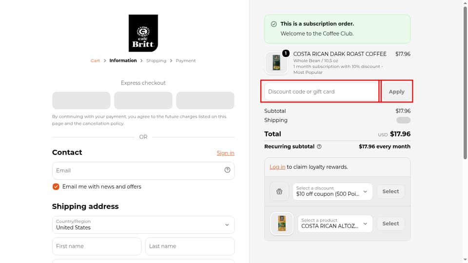 Café Britt checkout page showing the Discount code or gift card field and Apply button