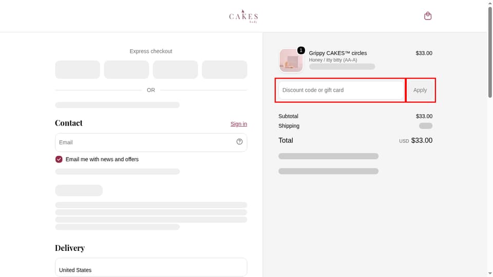 CAKES body checkout page showing the Discount code or gift card field and Apply button