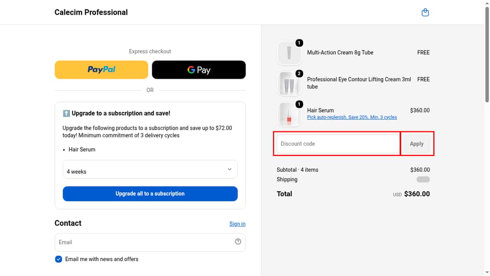CALECIM Professional checkout page showing the Discount code field and Apply button