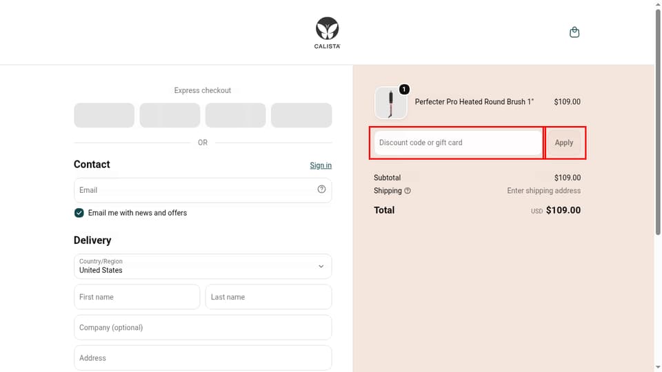 Calista checkout page showing the Discount code or gift card field and Apply button