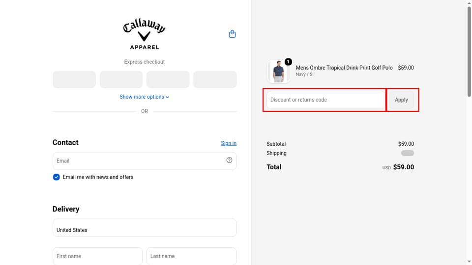 Callaway Apparel checkout page showing the Discount or returns code field and Apply button