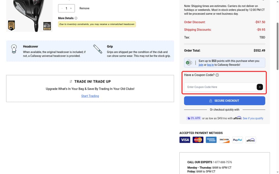 Callaway Golf Pre-Owned checkout page showing the Enter Coupon Code Here field and plus button