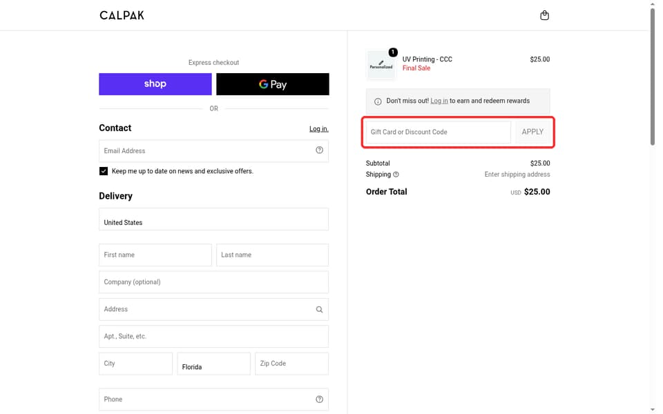 CALPAK Travel checkout page showing the Gift Card or Discount Code field and Apply button