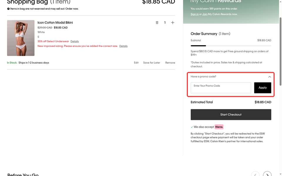 Calvin Klein Canada checkout page showing the Enter Your Promo Code field and Apply button