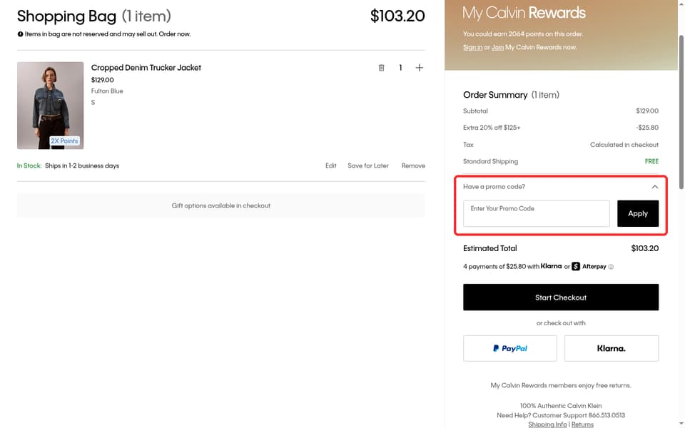 Calvin Klein checkout page showing the Enter Your Promo Code field and Apply button