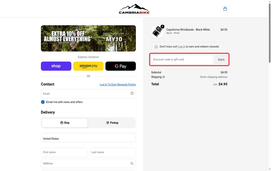 Cambria Bike checkout page showing the Discount code or gift card field and Apply button