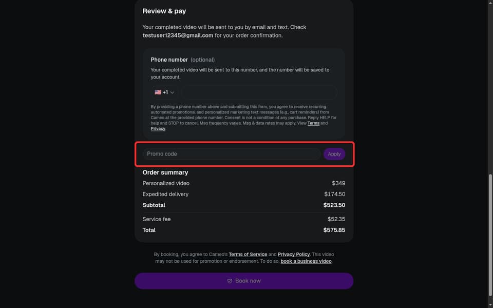 Cameo checkout page showing the Promo code field and Apply button