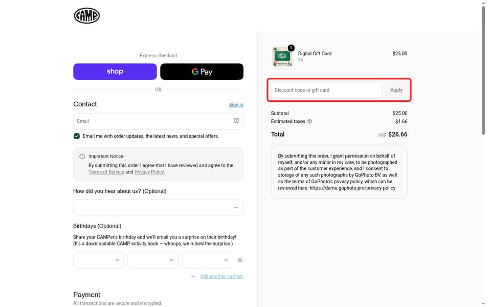 CAMP checkout page showing the Discount code or gift card field and Apply button