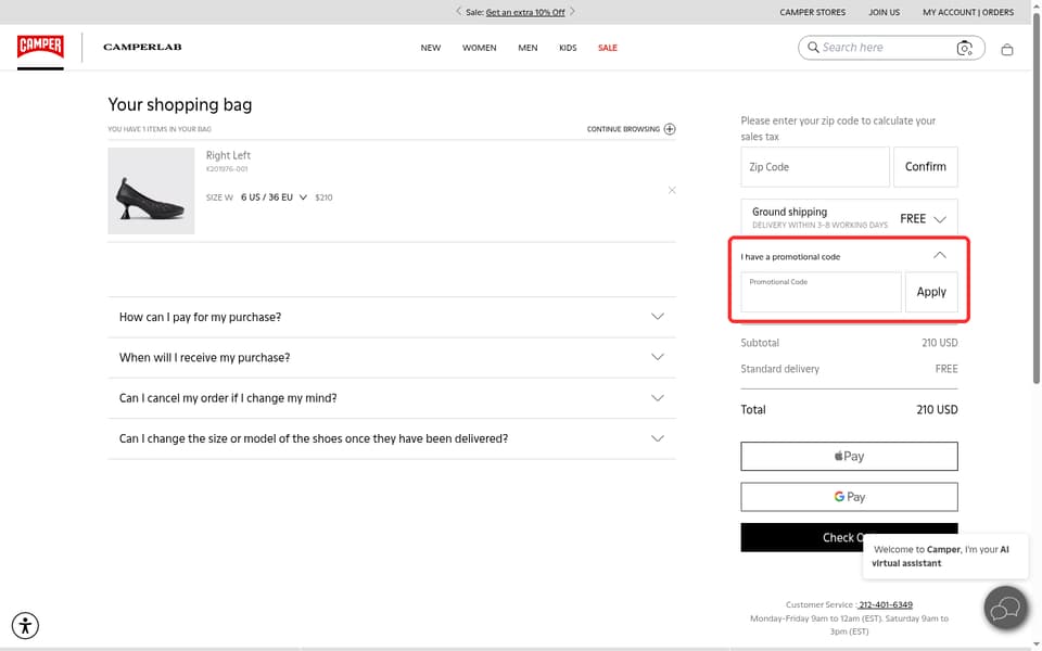 Camper checkout page showing the Promotional Code field and Apply button