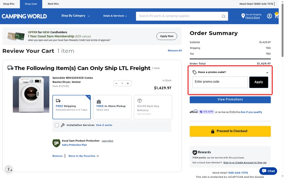Camping World checkout page showing the Enter promo code field and Apply button