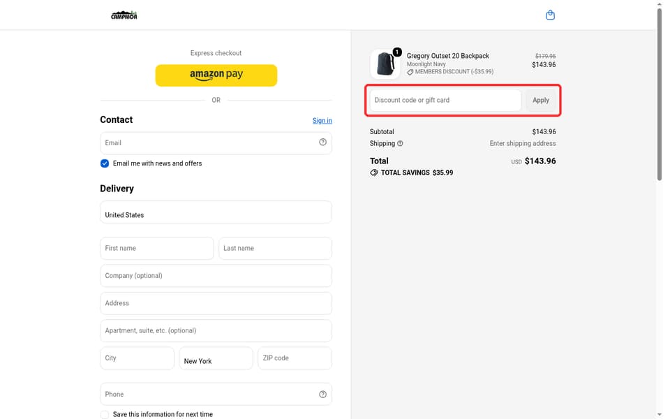 Campmor checkout page showing the Discount code or gift card field and Apply button
