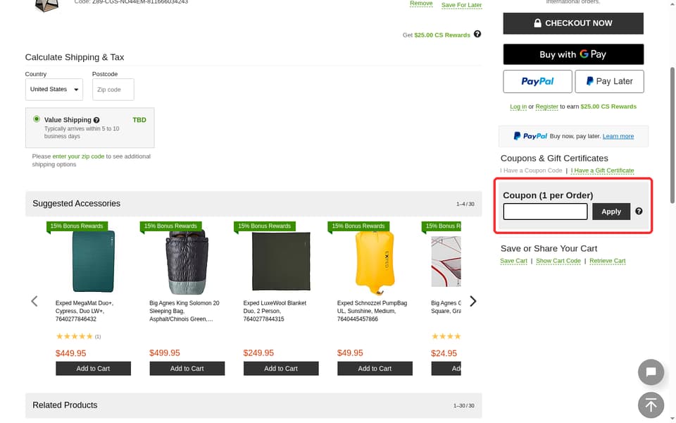 CampSaver checkout page showing the Coupon (1 per Order) field and Apply button