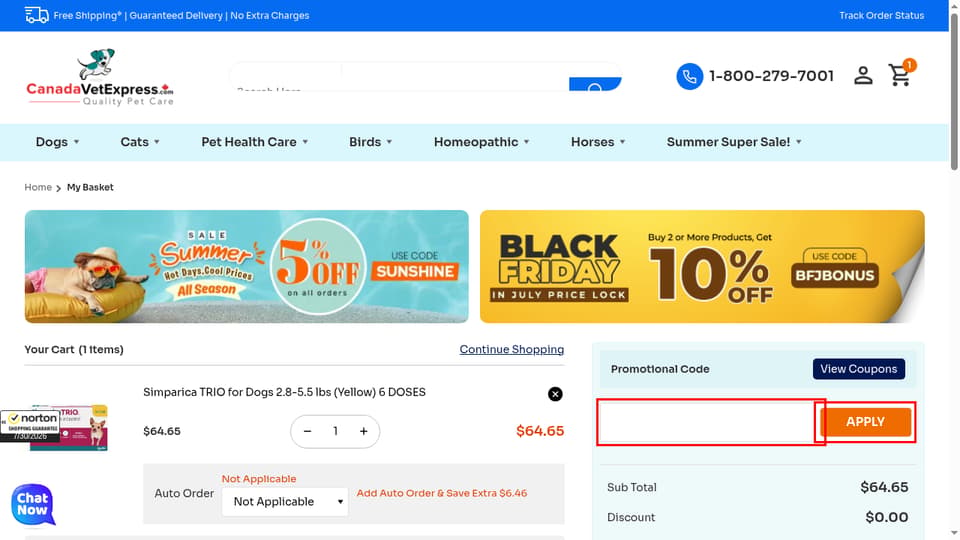 CanadaVetExpress checkout page showing the Promotional Code field and APPLY button