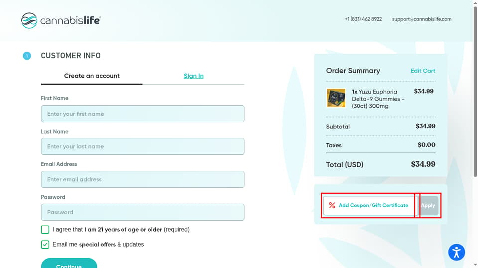Cannabis Life checkout page showing the Add Coupon/Gift Certificate field and Apply button