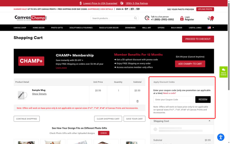 CanvasChamp checkout page showing the Enter your Coupon Code field and Redeem button
