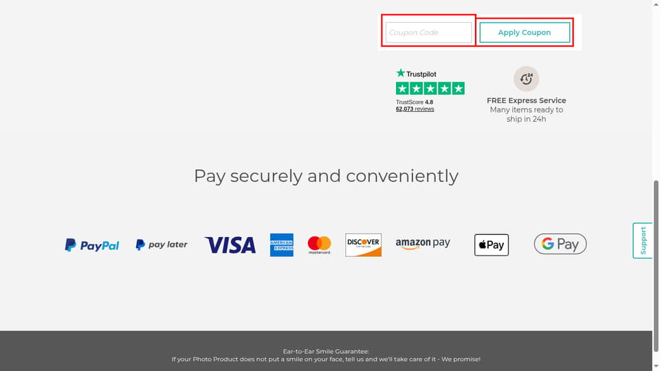 CANVASDISCOUNT checkout page showing the Coupon Code field and Apply Coupon button