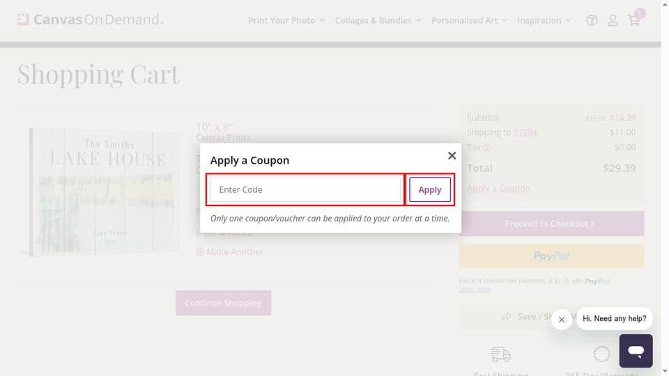 Canvas On Demand checkout page showing the Enter Code field and Apply button