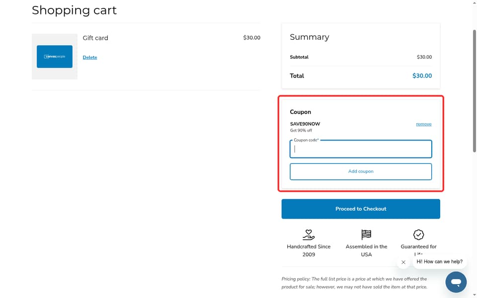 CanvasPeople checkout page showing the Coupon code field and Add coupon button