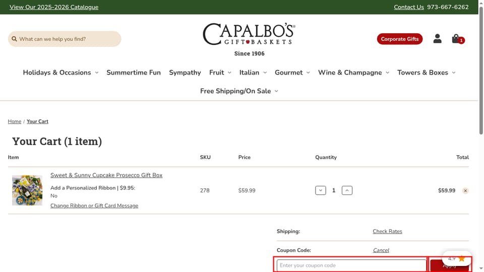 Capalbo’s Gift Baskets checkout page showing the Enter your coupon code field and Apply button
