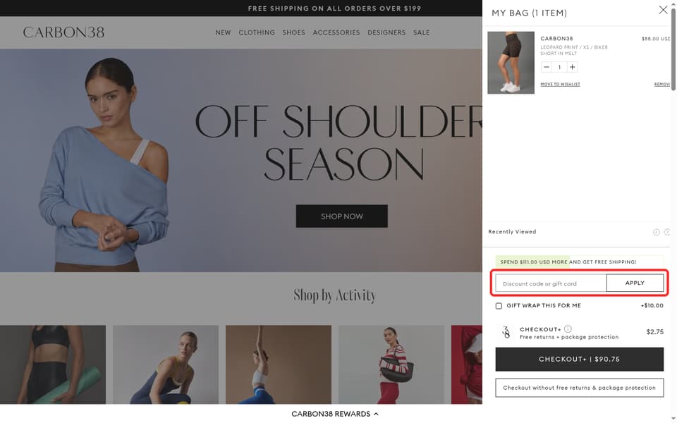 Carbon38 checkout page showing the Discount code or gift card field and Apply button