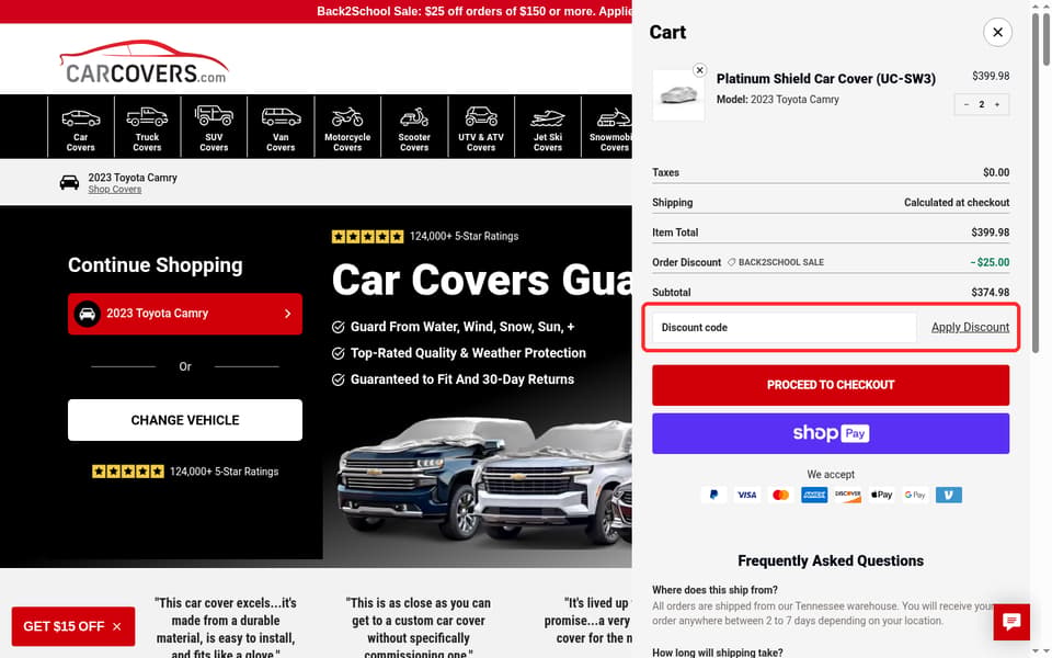CarCovers.com checkout page showing the Discount code field and Apply Discount button