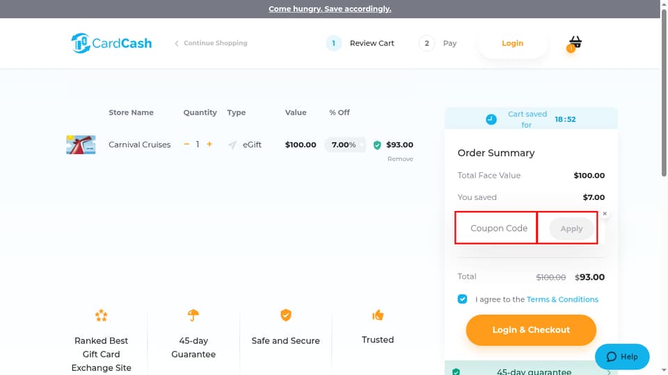 CardCash checkout page showing the Coupon Code field and Apply button