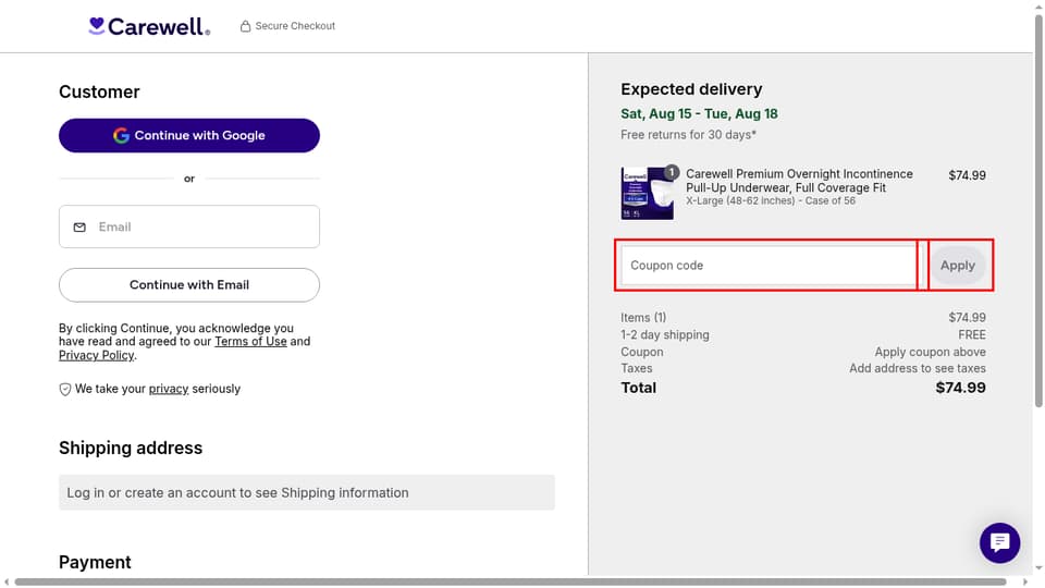 Carewell checkout page showing the Coupon code field and Apply button