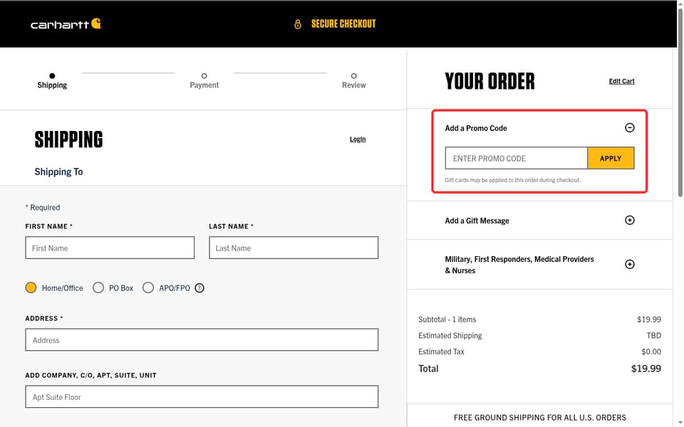 Carhartt checkout page showing the Enter promo code field and apply button