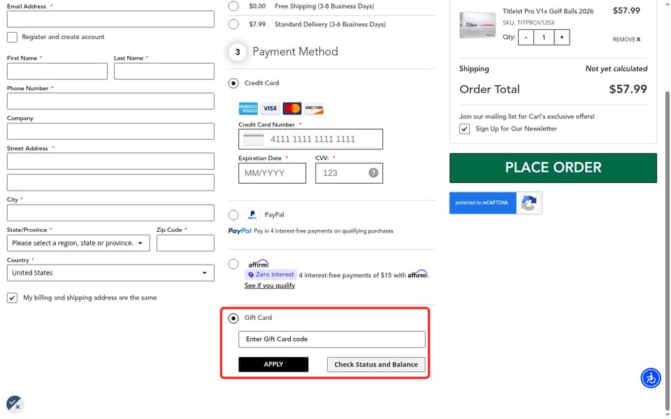 Carl's Golfland checkout page showing the Enter Gift Card code field and Apply button