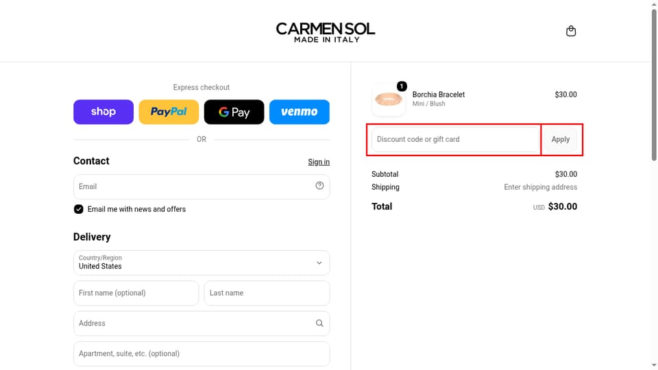 Carmen Sol checkout page showing the Discount code or gift card field and Apply button