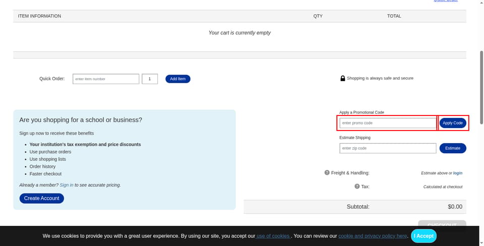 Carolina Biological Supply checkout page showing the Apply a Promotional Code field and Apply button