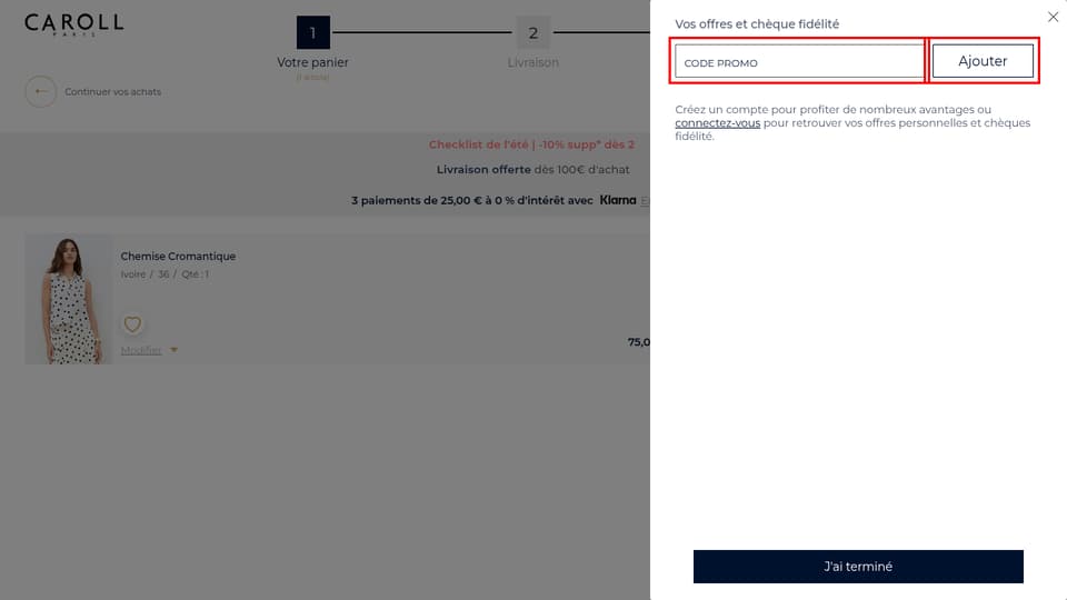 Caroll checkout page showing the Code promo field and Ajouter button
