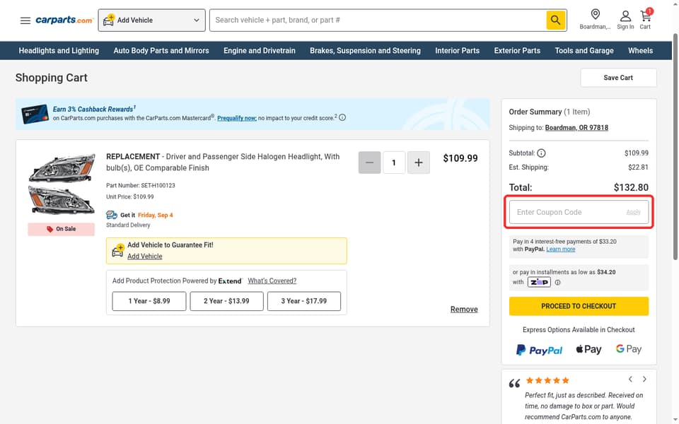 CarParts.com checkout page showing the Enter Coupon Code field and Apply button