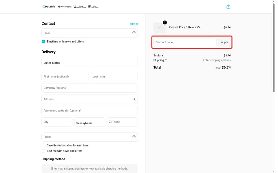 Carpuride checkout page showing the Discount code field and Apply button