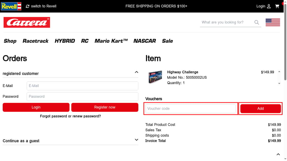 Carrera checkout page showing the Voucher code field and Add button